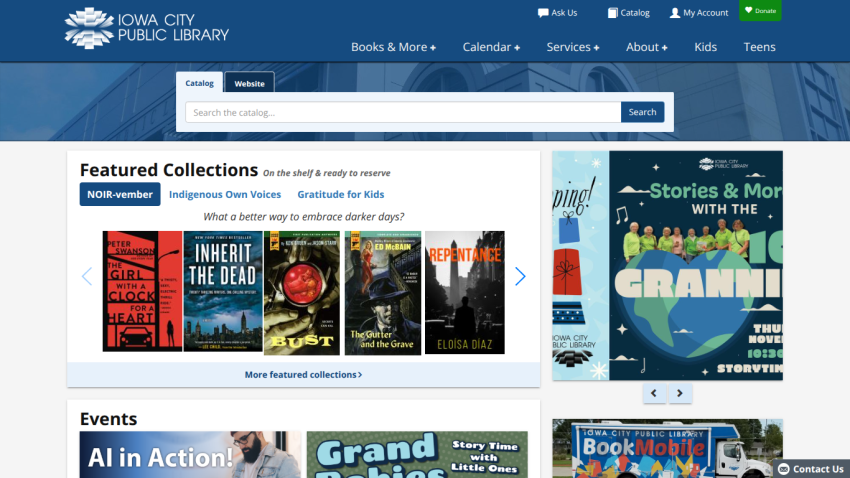 Iowa City Public Library homepage with search bar, featured book collections, and upcoming events