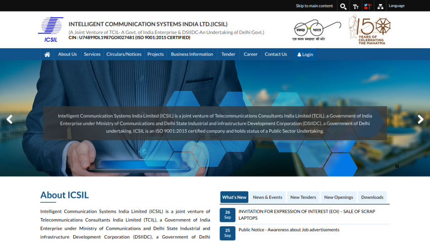 Homepage of Intelligent Communication Systems India Ltd. with company info, navigation menu, and news updates