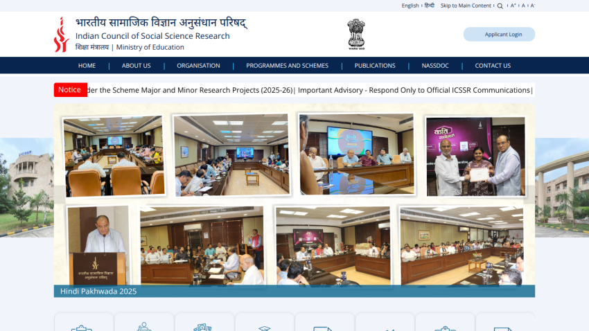 Indian Council of Social Science Research homepage with navigation and images from Hindi Pakhwada 2025 event