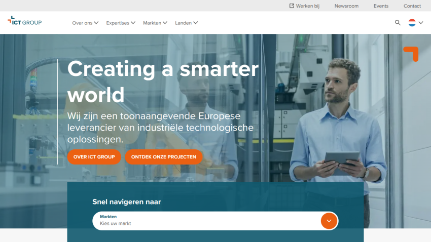 Homepage of ICT Group with headline 'Creating a smarter world' and description of European industrial technology solutions