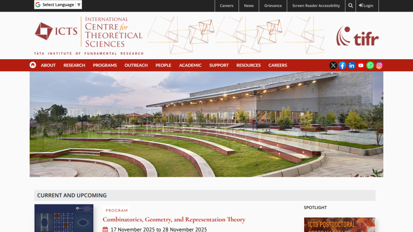 International Centre for Theoretical Sciences homepage with navigation and a large outdoor amphitheater image