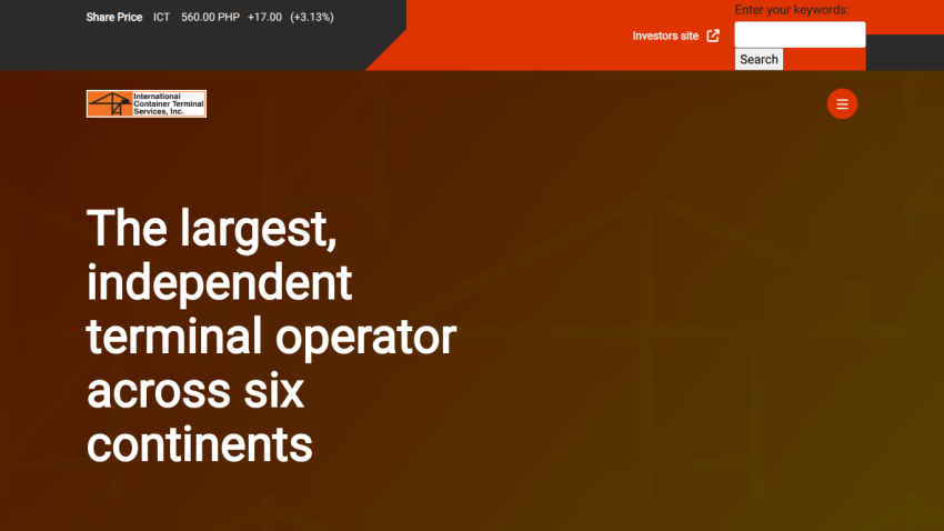 Homepage of International Container Terminal Services highlighting largest independent terminal operator across six continents