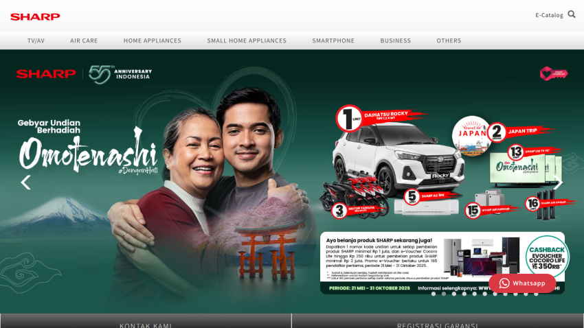 Sharp Indonesia 55th anniversary promotion with prizes including Daihatsu Rocky, Japan trip, and Sharp appliances, plus shopping details.