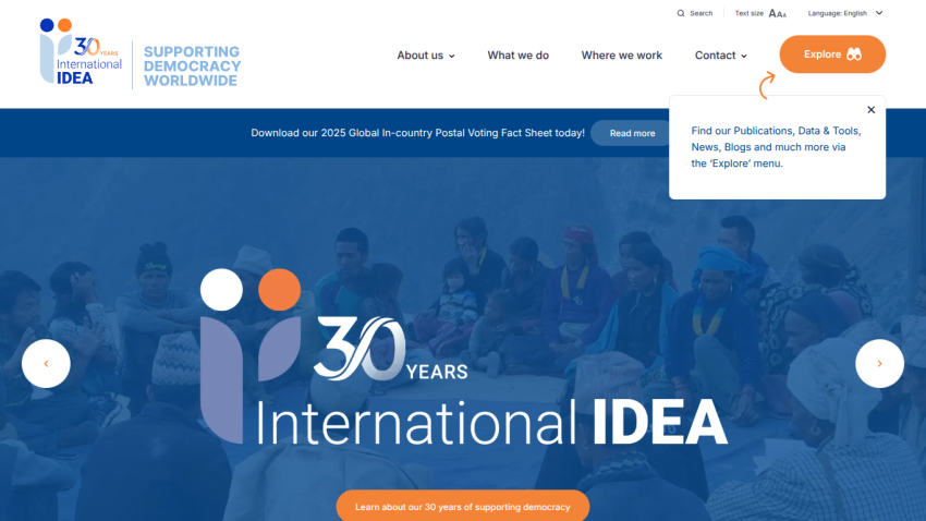 International IDEA homepage celebrating 30 years with a call to action and navigation options.