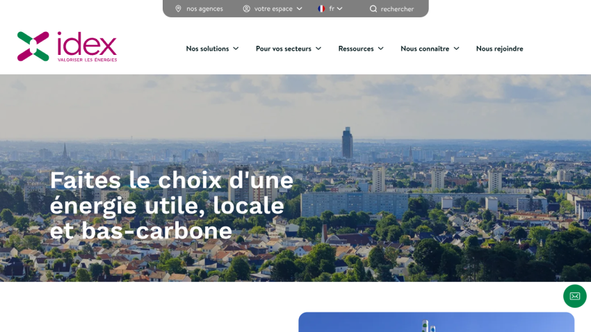 Energy company homepage offering useful, local, low-carbon energy with cityscape background