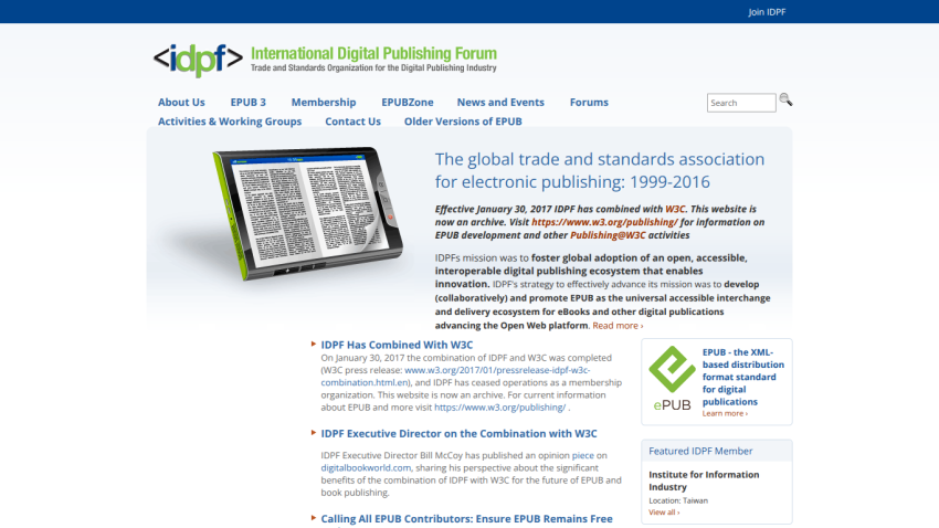 Homepage of the International Digital Publishing Forum with a tablet image and key information.