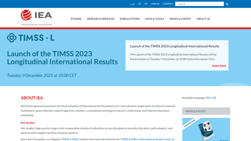 IEA website announcing the launch of the TIMSS 2023 Longitudinal International Results on 9 December 2025 at 10:00 CET