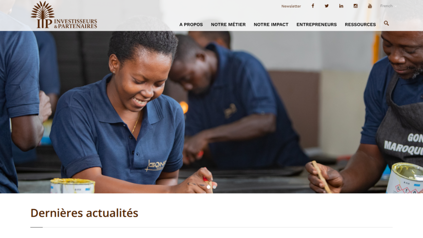 Homepage of Investisseurs & Partenaires with mission statement to finance and support entrepreneurs transforming Africa