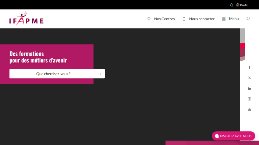 IFAPME training center website with search bar and slogan for future careers