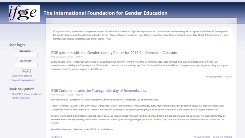 The International Foundation for Gender Education homepage with user login, announcements about transgender events and advocacy.