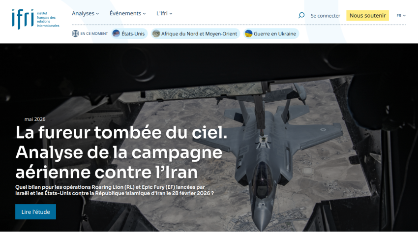 Headline about aerial campaign analysis against Iran with an image of a fighter jet.
