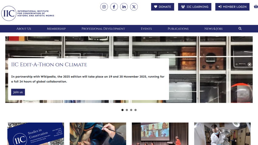 Homepage of International Institute for Conservation with announcement of 2025 Wikipedia climate edit-a-thon and navigation menu.