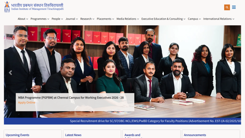 Indian Institute of Management Tiruchirappalli homepage with navigation menu and MBA Programme announcement for Chennai Campus 2026-28