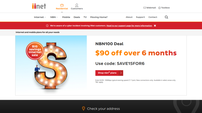 Promotional banner for NBN100 deal offering $90 off over 6 months.