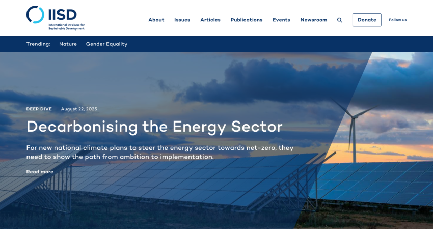 IISD homepage featuring a headline on decarbonizing the energy sector with wind turbines in the background.