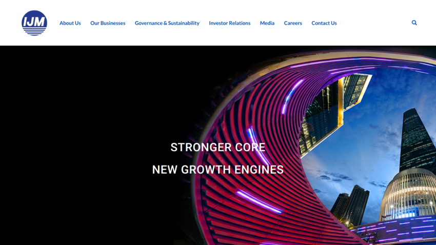 Corporate website header with navigation and hero image featuring cityscape and text 'Stronger Core New Growth Engines'