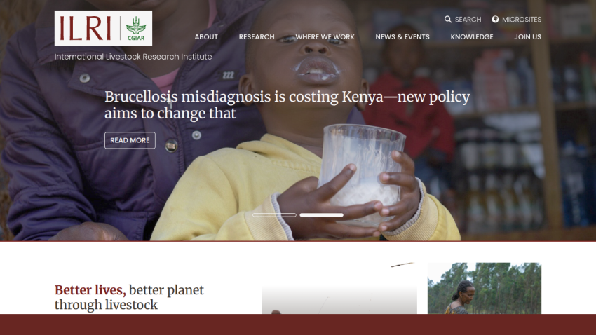 ILRI homepage featuring a child holding a cup, with a headline about policy changes in Kenya.