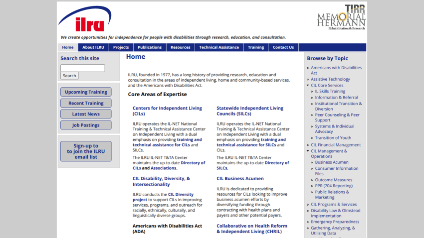 ILRU homepage with navigation, mission statement, core expertise areas, and topic browsing links