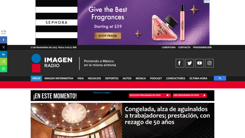 Imagen Radio homepage with news headline about frozen bonuses and delayed benefits for workers