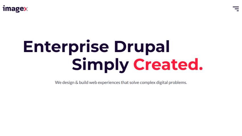 Homepage of Imagemx featuring 'Enterprise Drupal Simply Created' tagline and description.