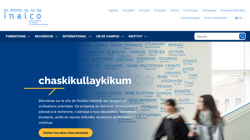 Welcome message and navigation for Inalco website, featuring students and institutional branding.