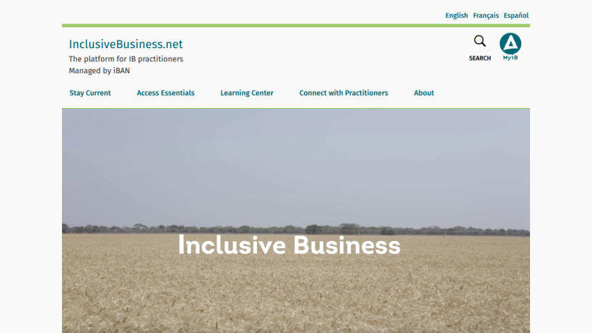 InclusiveBusiness.net homepage with navigation links and a hero image of a wheat field titled Inclusive Business