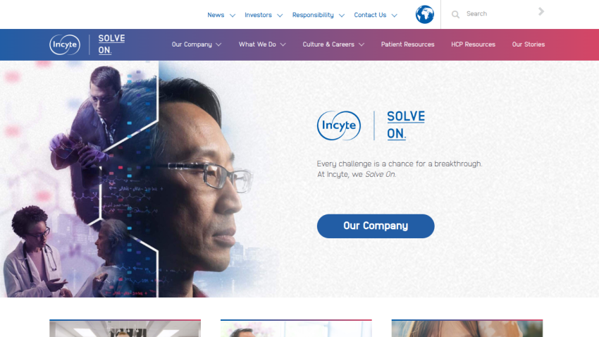 Homepage featuring the slogan 'SOLVE ON' and images of diverse professionals in a lab setting.