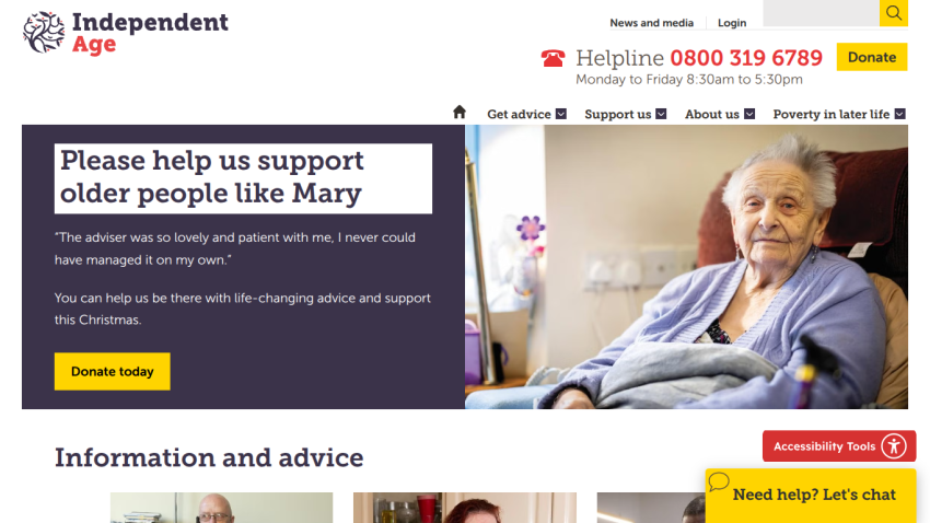 Charity website supporting older people with advice and donation options, featuring a senior woman and helpline info
