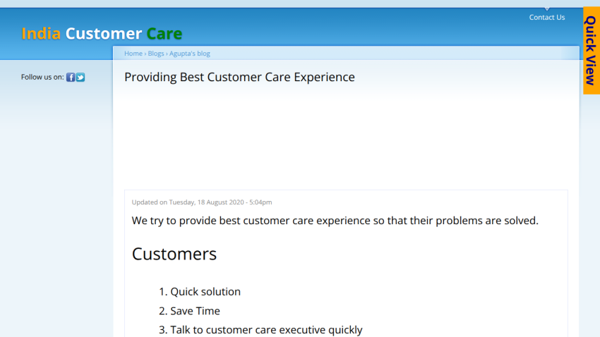 Customer care page with tips for quick solutions and executive contact.