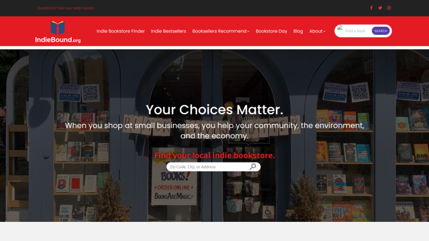 Homepage promoting local bookstores with a message about community impact.