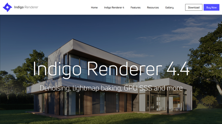 Indigo Renderer 4.4 homepage with a modern house background and features like denoising and lightmap baking