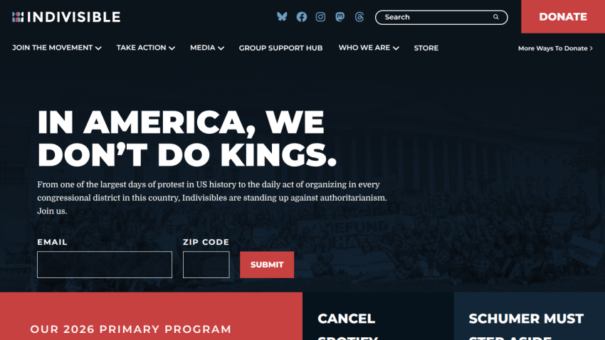 Indivisible movement homepage with a call to action against authoritarianism and email signup form
