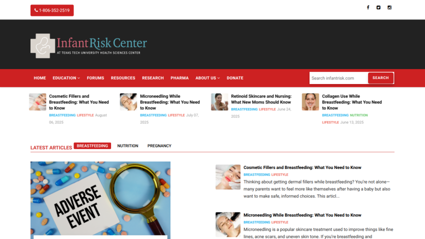 Infant Risk Center homepage with articles on breastfeeding topics and navigation menu
