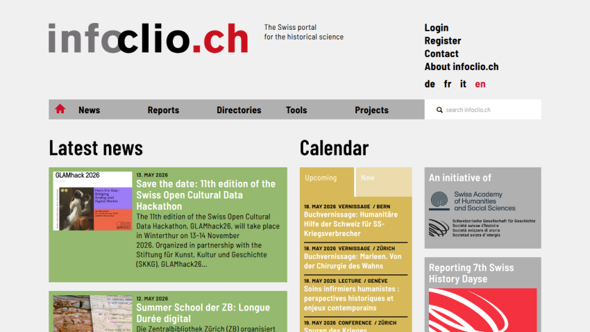 Homepage of infoclio.ch featuring latest news and calendar sections.