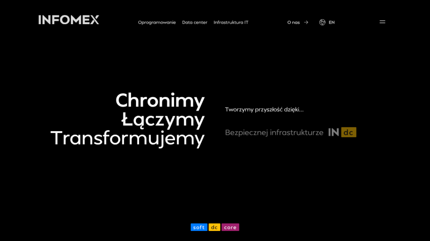 Infomex website header with navigation and hero text about protecting, connecting, and transforming using intelligent technologies