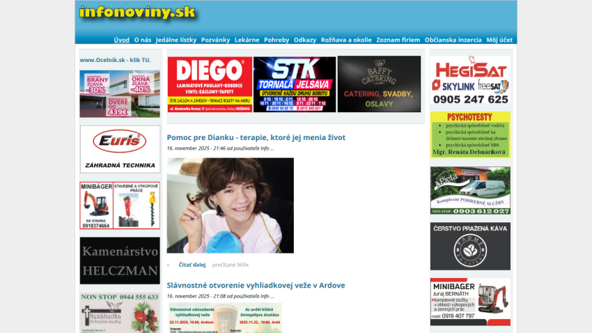 Slovak news website infonoviny.sk with navigation menu, ads, and articles about therapy for Dianka and tower opening event