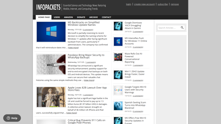 Tech news homepage featuring articles on Windows updates, WhatsApp security, Apple lawsuit, and Google security warnings.