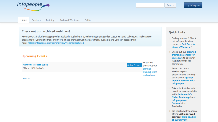 Upcoming events section with a list of events and a link to more information.