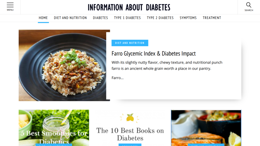 Homepage of a diabetes information site featuring articles on nutrition and recipes.