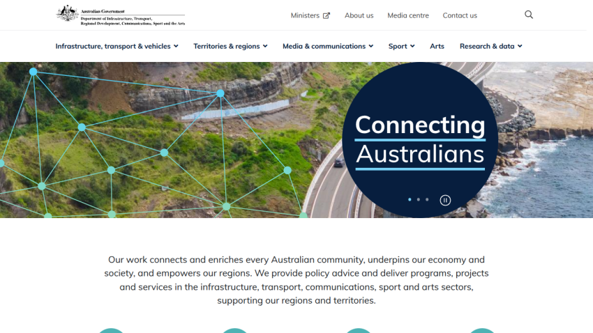 Homepage featuring 'Connecting Australians' with a coastal background and description of services.