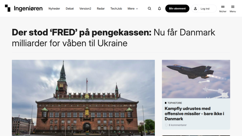 News article headline about Denmark's funding for weapons to Ukraine with an image of a building.