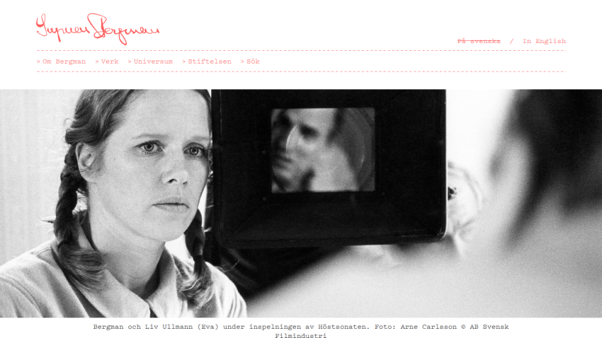 Website header with navigation links and a black-and-white photo of Liv Ullmann during filming of Höstsonaten