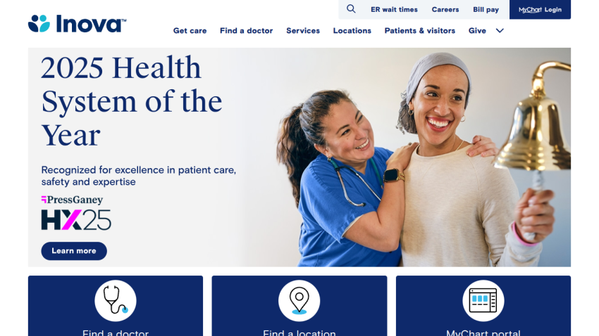 Inova's homepage featuring the 2025 Health System of the Year announcement and a welcoming image of staff.