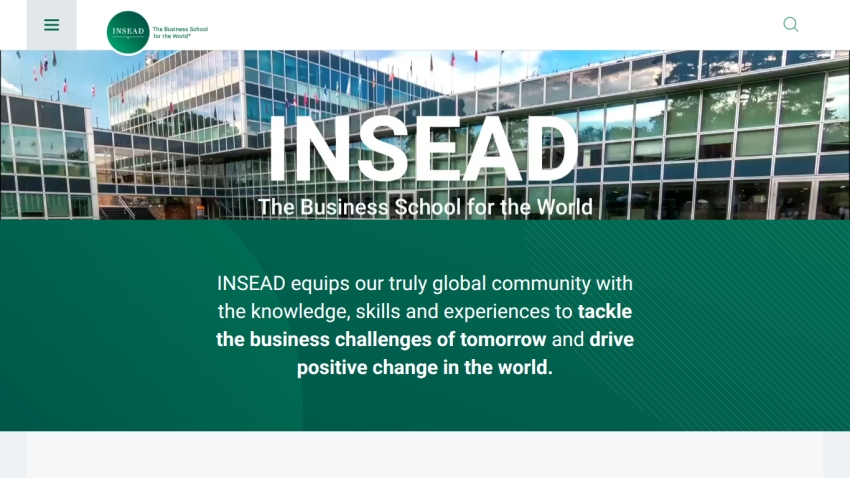 INSEAD website showcasing the tagline and mission statement prominently.