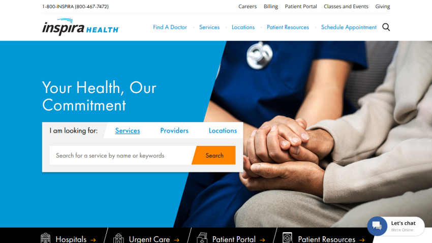 Inspira Health homepage with search bar for services, providers, and locations, and image of hands holding.
