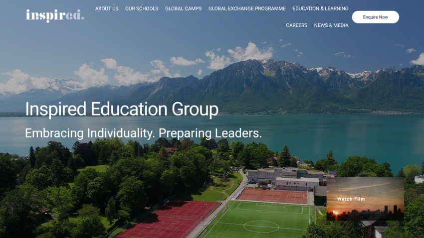 Inspired Education Group homepage with navigation and tagline Embracing Individuality. Preparing Leaders.