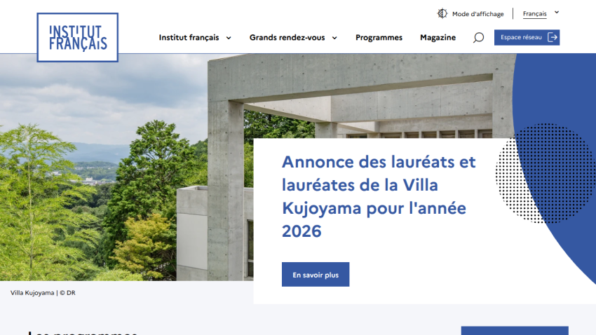 Announcement of laureates for the Villa Kujoyama for 2026 on the Institut Français website.