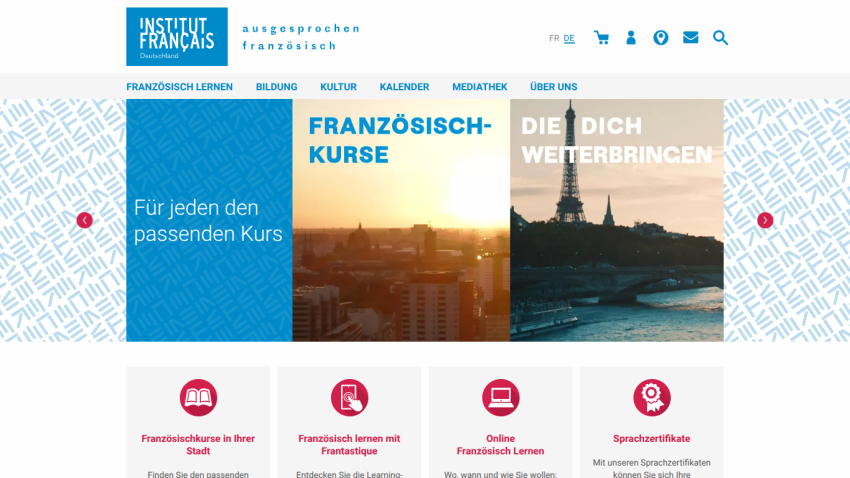 Homepage of Institut Français featuring French courses and a scenic image.