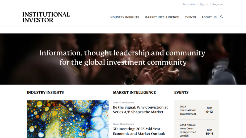Homepage of Institutional Investor featuring information for the investment community.