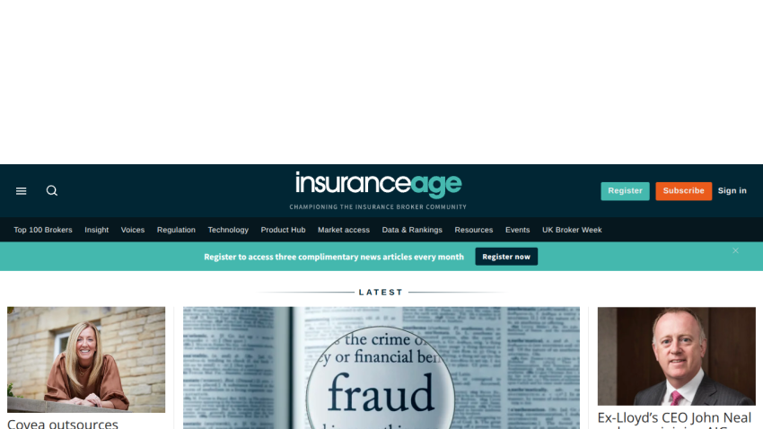 Insurance Age website homepage with navigation, registration prompt, and latest news articles on insurance topics